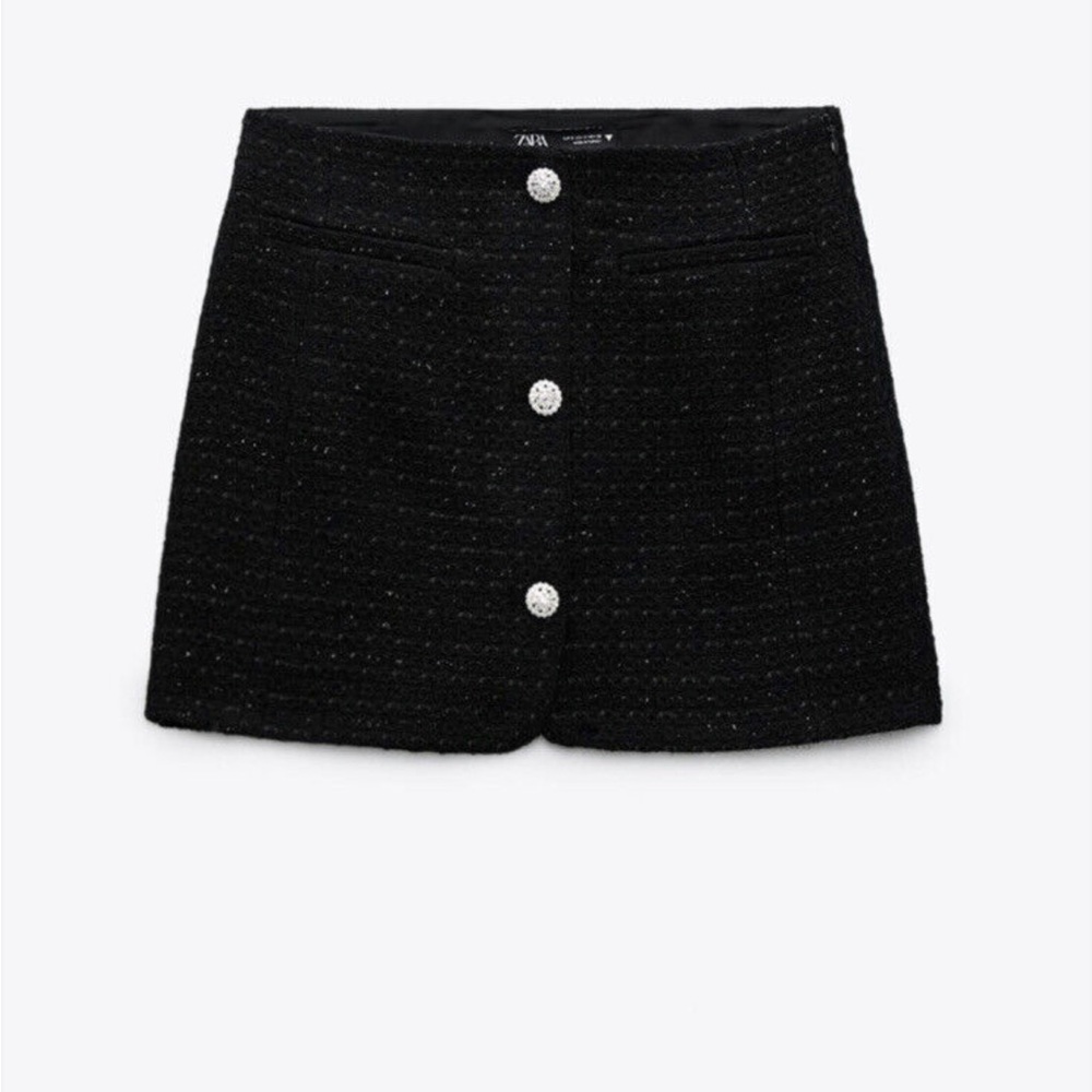 Tweed Textured Black and White Button Front Weave Mini Skirt